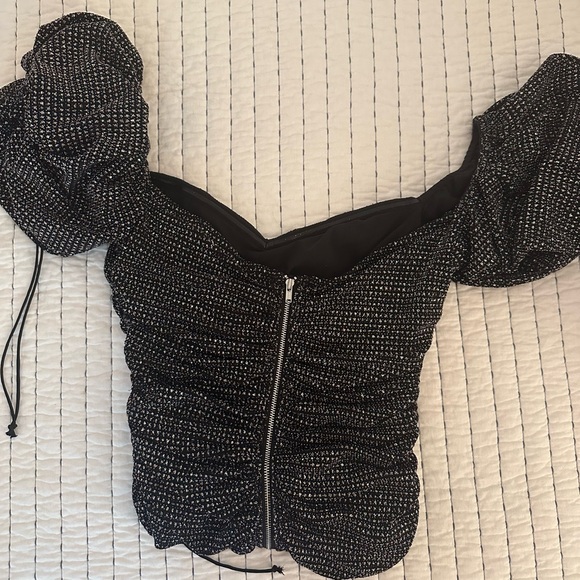 For Love and Lemons Black Sparkly Puff-Sleeve Top - Picture 2 of 3